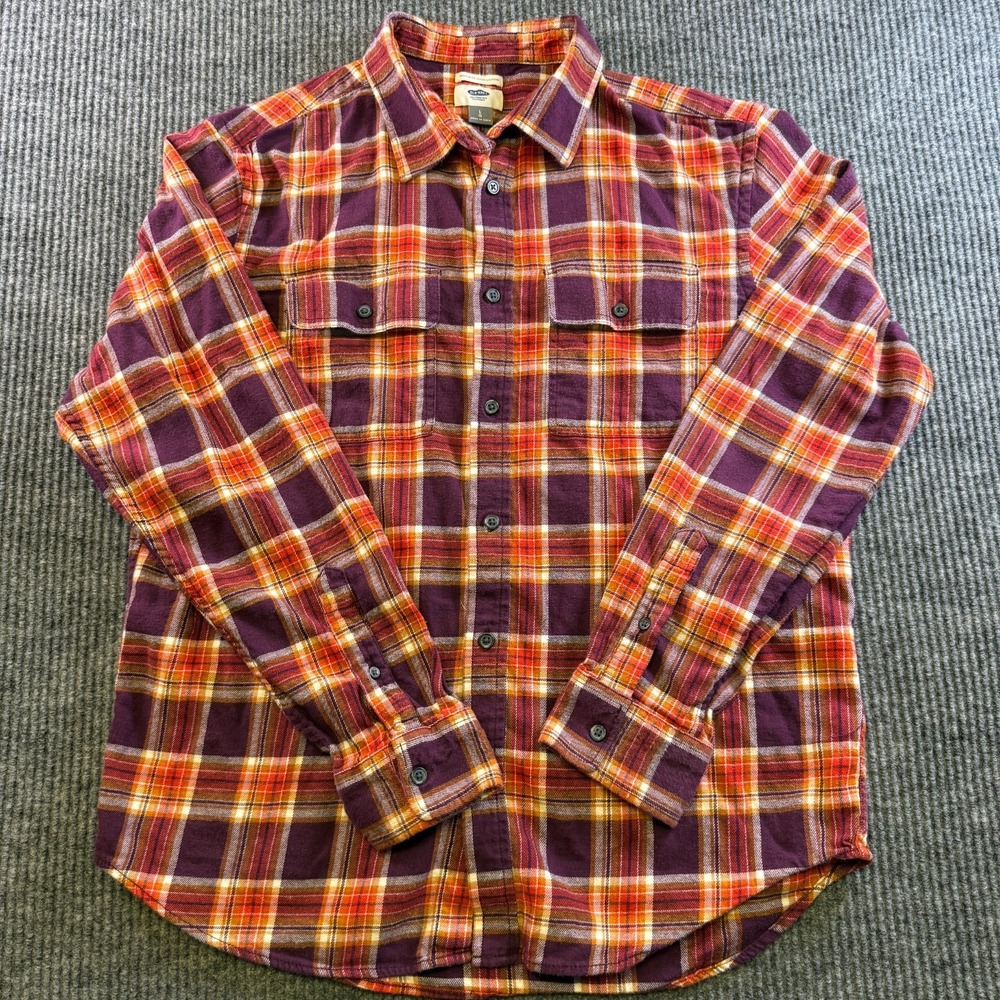 Old Navy Flannel Shirt Mens Large Purple Orange Plaid Button Up Stretch